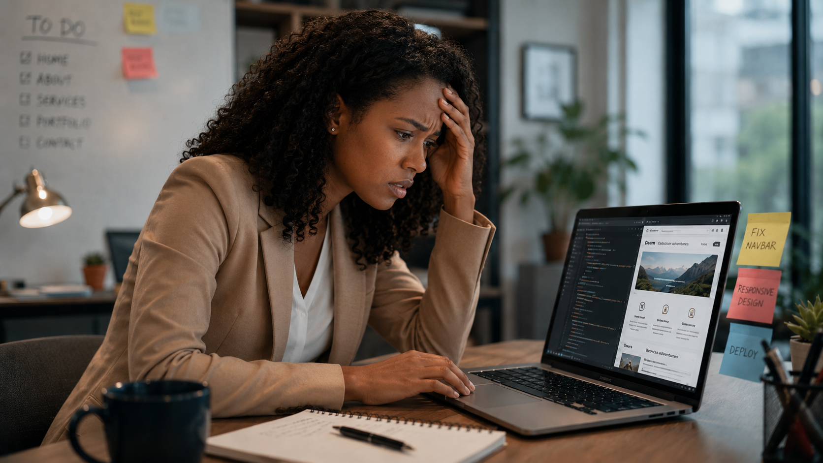 A stressed visitor reviewing a portfolio website on a laptop