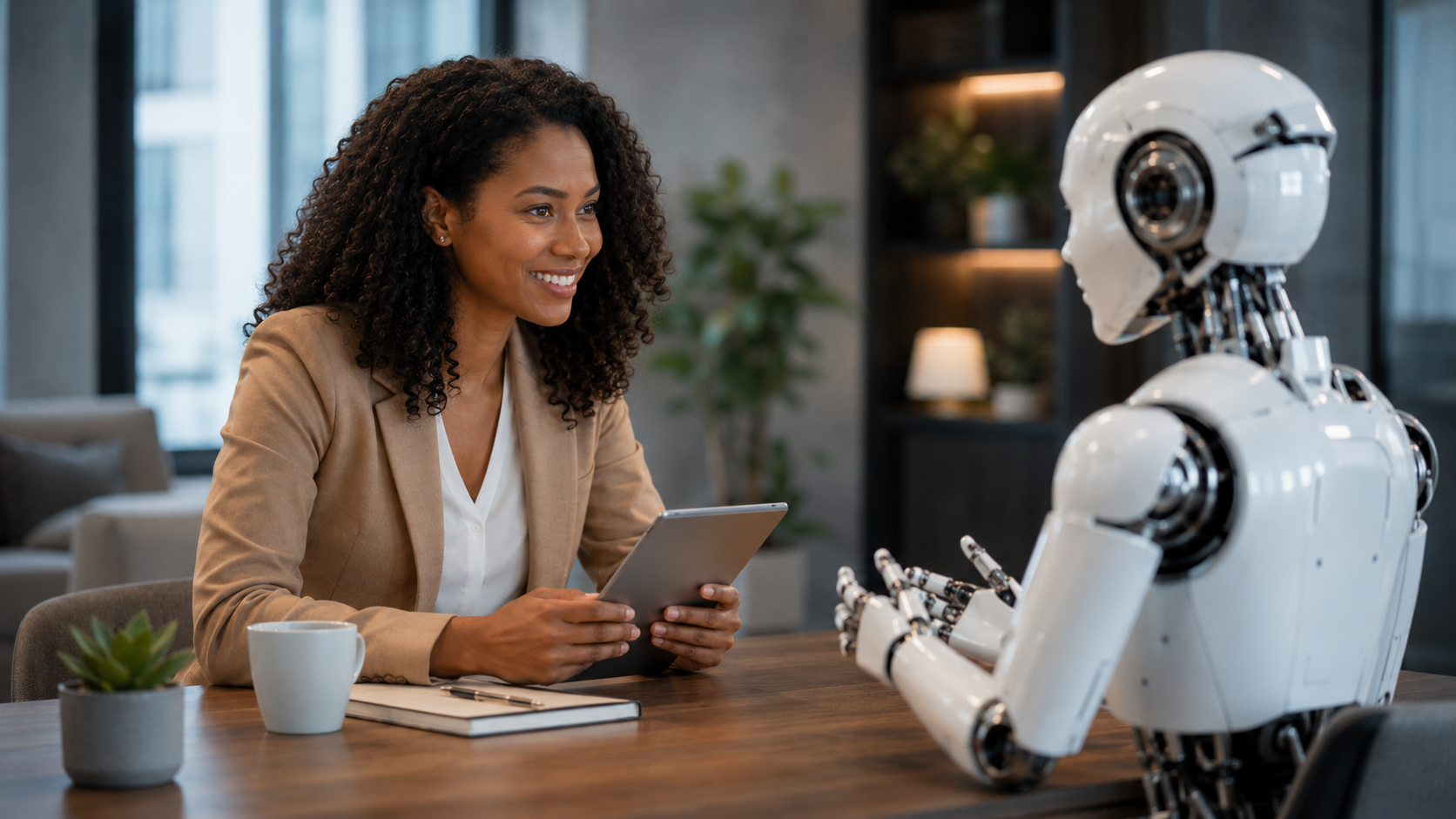 A visitor directly interacting with a robot assistant