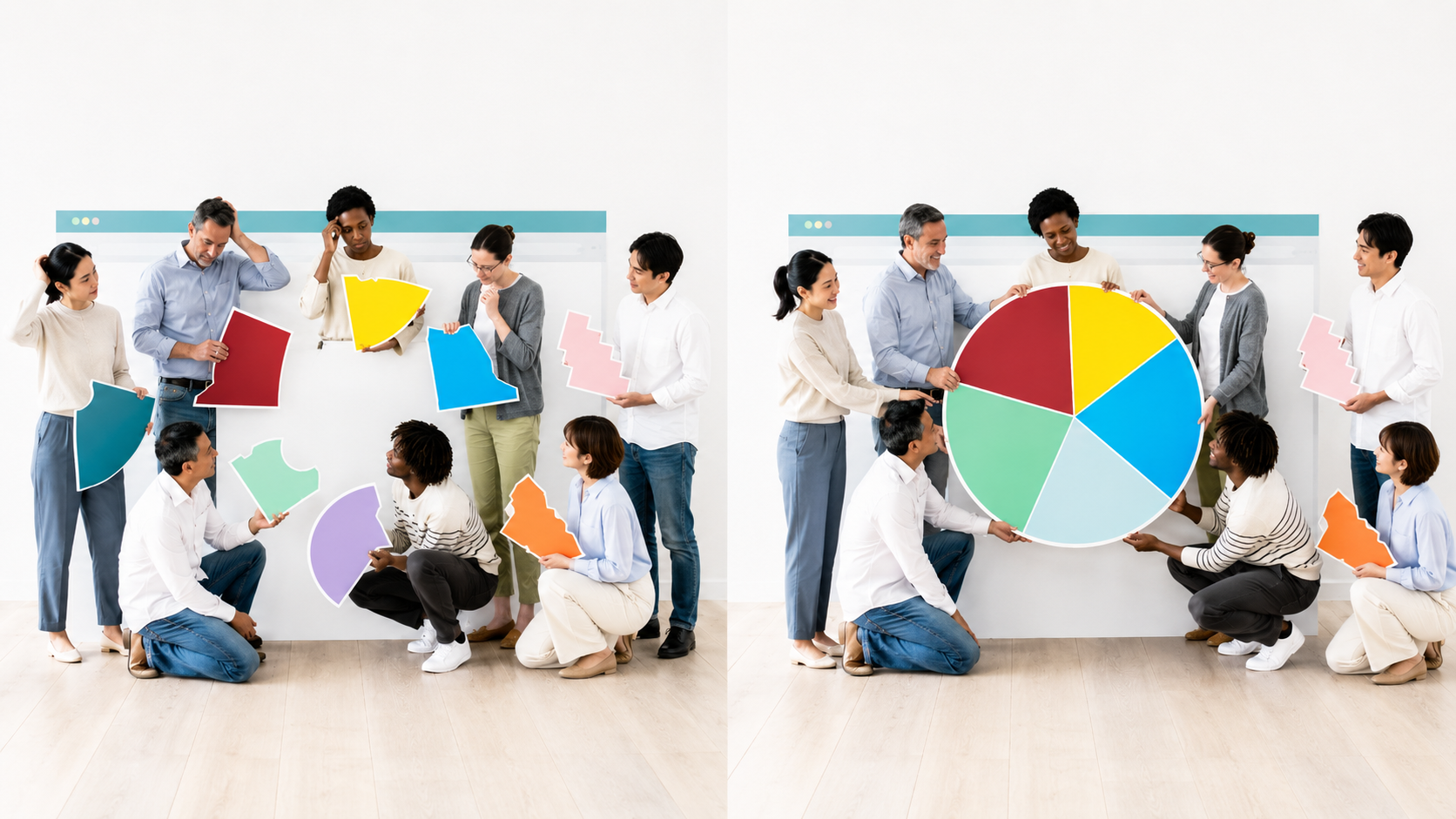 People holding disconnected puzzle pieces before assembling them into a coordinated whole