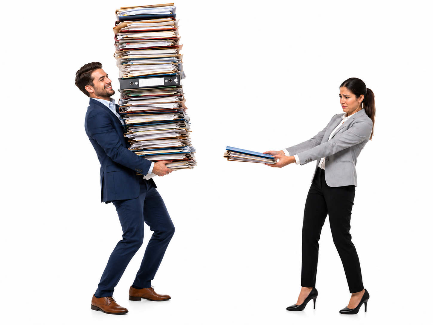 A worker carrying a heavy stack of files while handing over work to someone receiving only a few files, illustrating imbalanced resource sharing